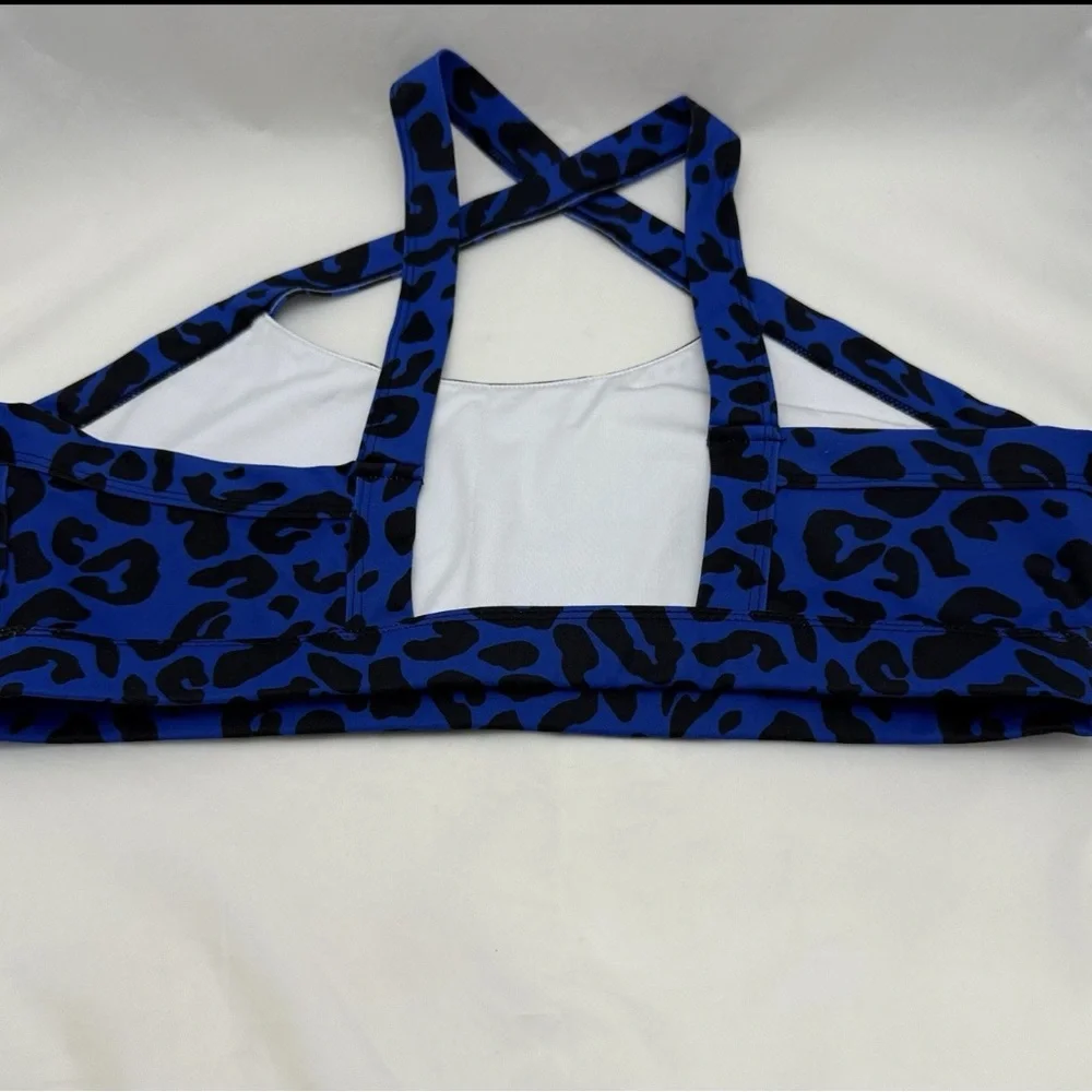 Barbells & Pizza Blue Leopard Print Sports Bra Women’s XL Crossback Activewear